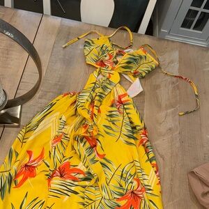 Tropical Yellow Cutout Maxi Dress with Floral Print